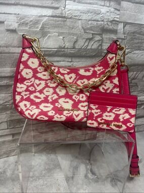 Michael Kors Pink and Cream Heart Leopard Print Crossbody & Matching Card Case